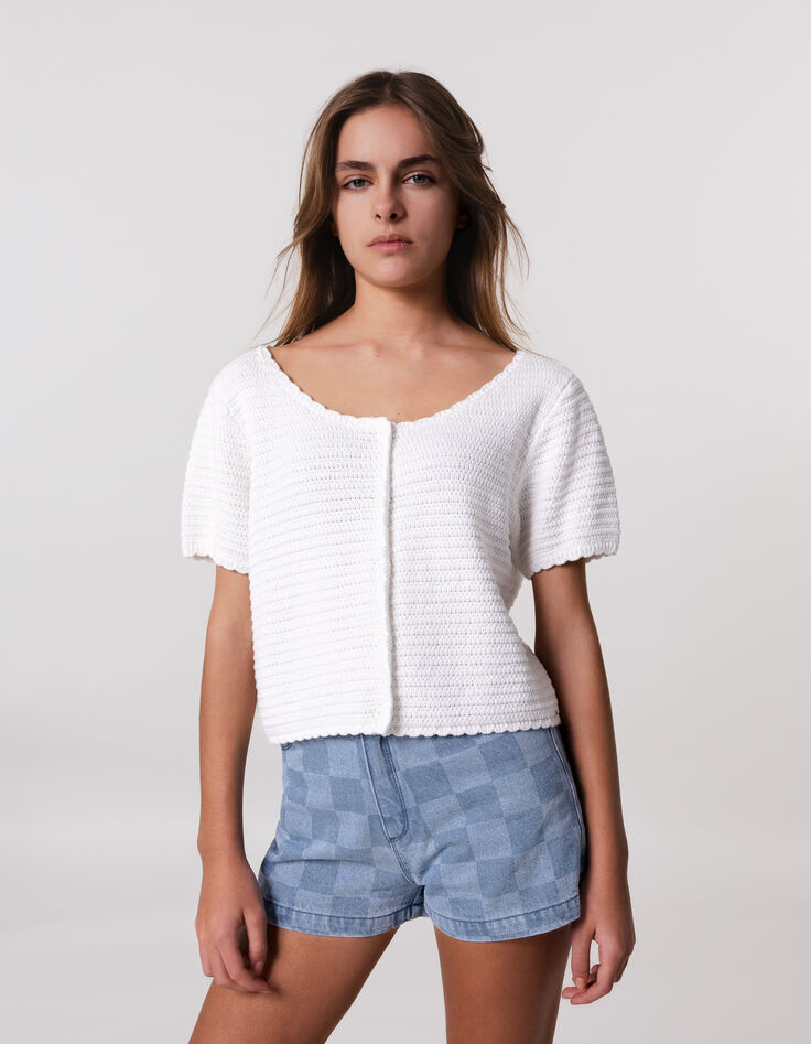 Pull blanc tricot fantaisie réversible devant/dos fille-7
