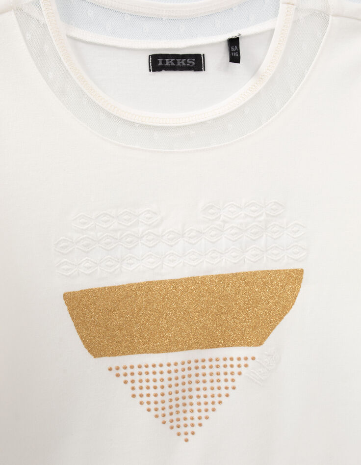 Cremeweißes Mädchen-T-Shirt mit goldfarbener Herzstickerei-3