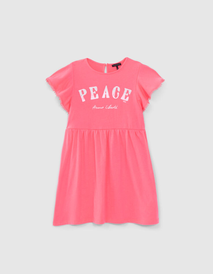 Neonrosa Mädchenkleid mit zweifarbigem Schriftzug-1