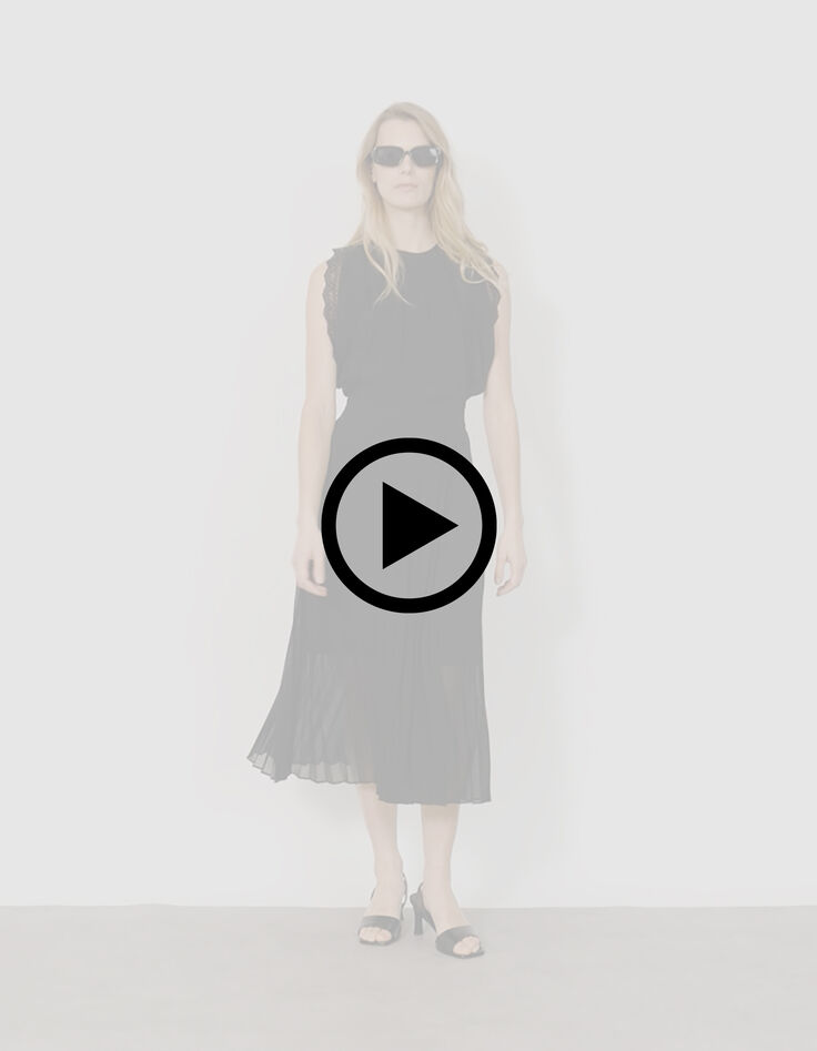 Mujer vestido largo negro plisado con bandas de encaje-6