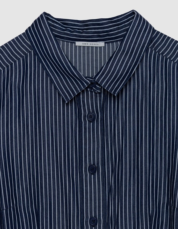 Robe chemise marine fines rayures blanches Femme-4