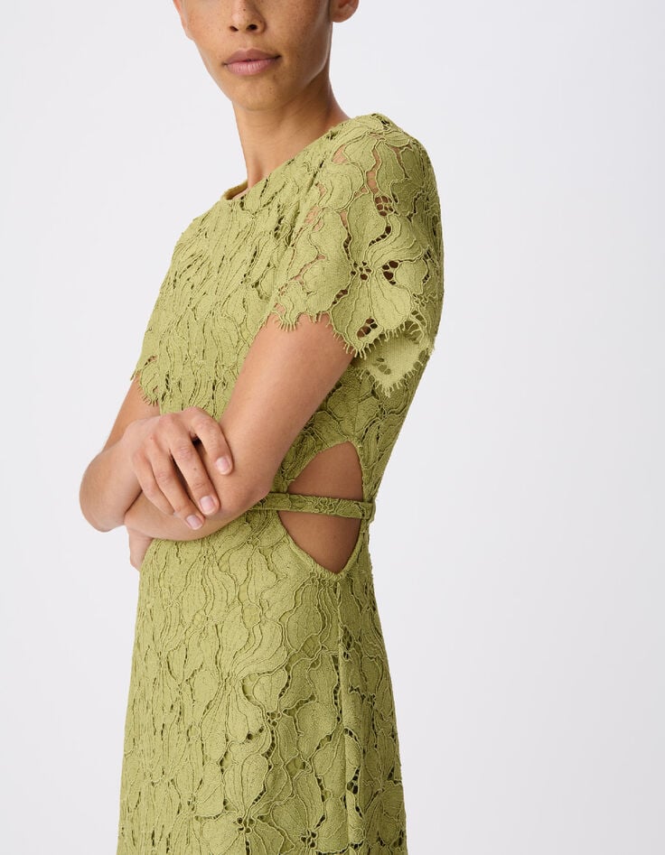 Robe longue verte dentelle d&eacute;coupes c&ocirc;t&eacute;s Femme-5