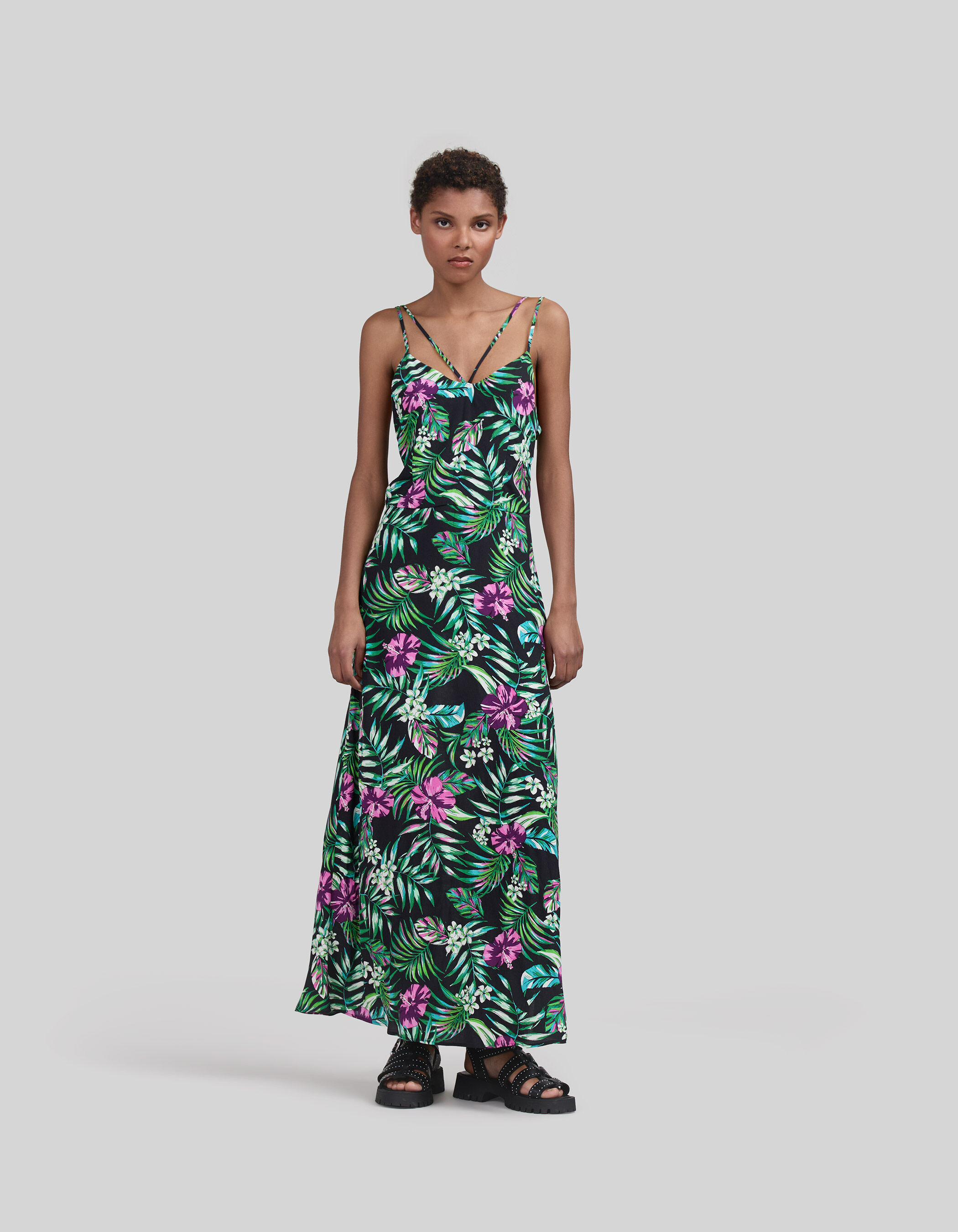 Robe longue noire LENZING ECOVERO imprime tropical Femme IKKS
