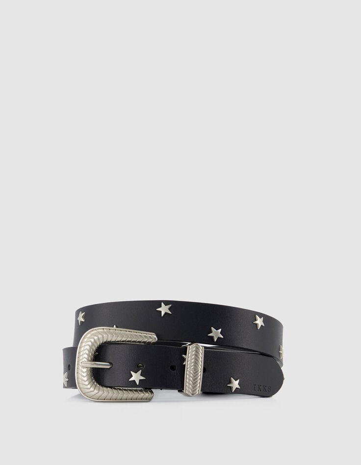 Cintur&oacute;n de mujer de cuero negro con remaches en forma de estrella-1