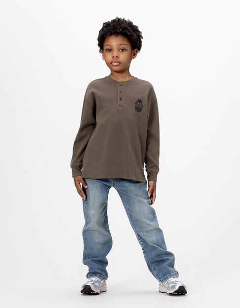 Boys’ khaki waffle T-shirt with embroidery front and back - IKKS