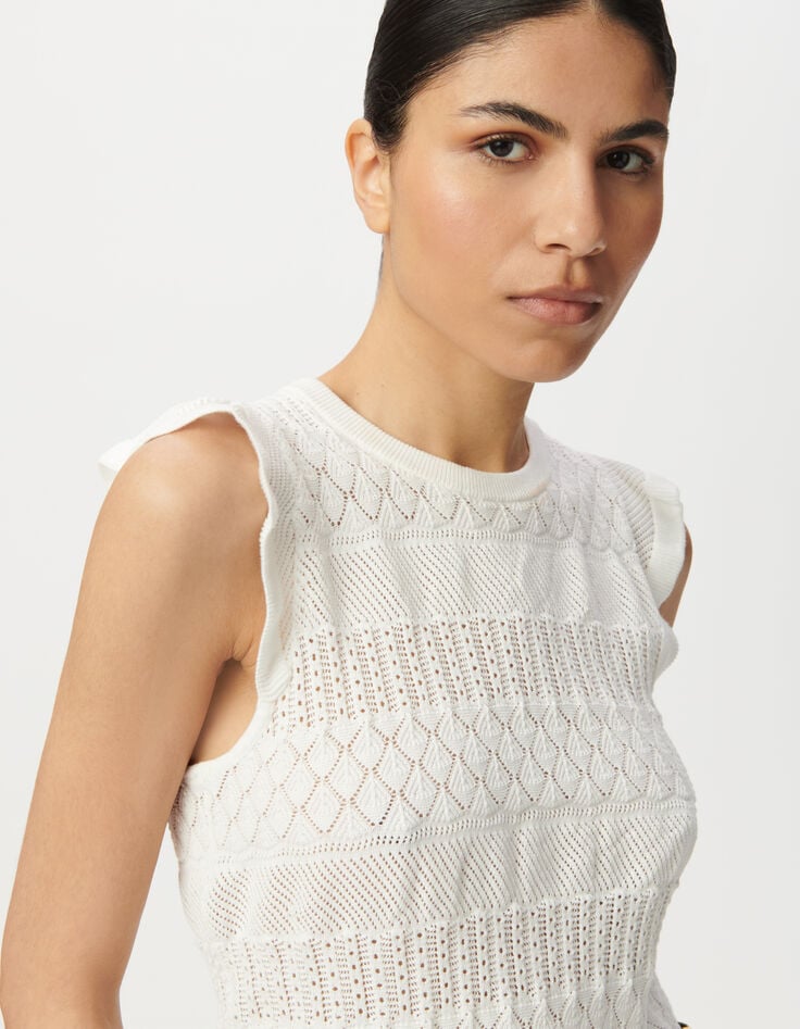 Witte korte mouwloze trui fantasietricot Dames-4 Witte korte mouwloze trui fantasietricot Dames-4