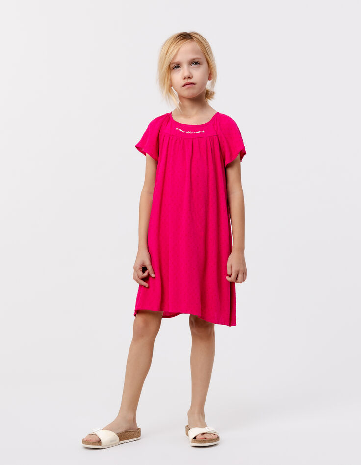 Vestido rosa vivo tejido gofrado plumetis niña-2