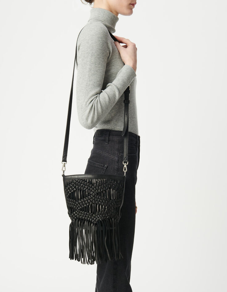 Schwarze Beuteltasche, Leder, Macramé, Fransen -6