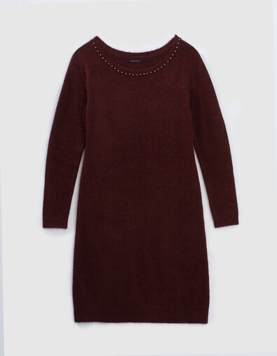 Robe tricot bordeau en maille mousseuse détails bijoux encolure femme - IKKS