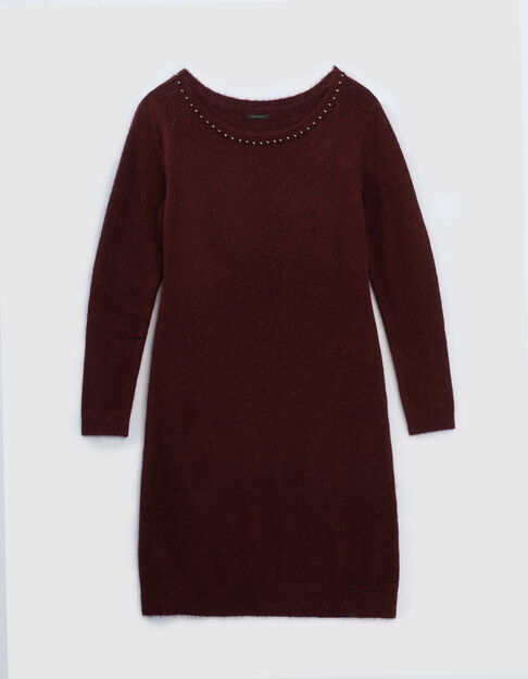 Women’s burgundy fluffy knit dress with metal neckline