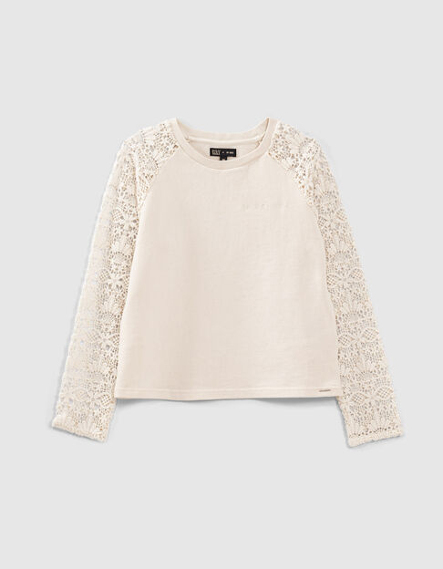 Mädchen-Sweatshirt mit Spitzenärmeln in Ecru