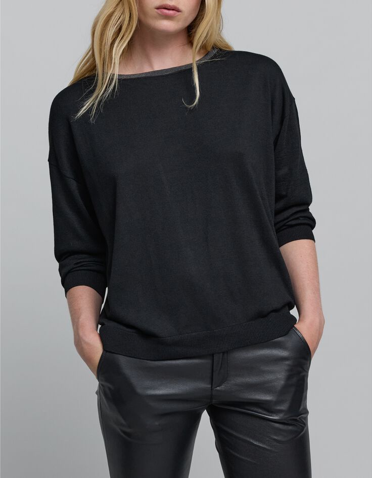 Women's black knit jewel neck sweater-1