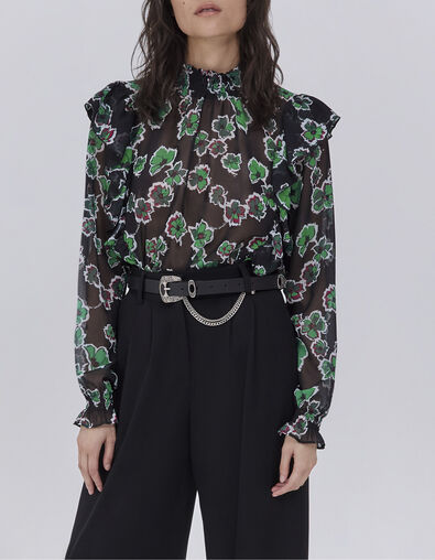 Zwarte blouse maxi bloemenprint volants Dames - IKKS