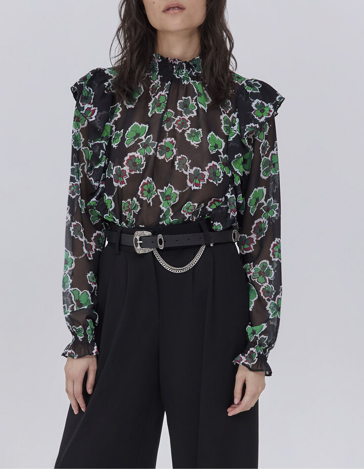 Zwarte blouse maxi bloemenprint volants Dames-1