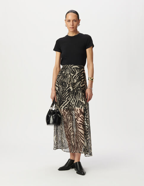 Langer, schwarzer Damenrock Zebraprint Rüschen - IKKS
