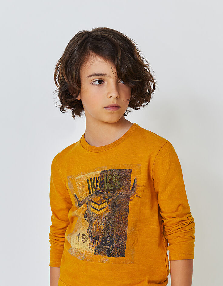 Camiseta ocre con visual cabeza de búfalo niño -1 Camiseta ocre con visual cabeza de búfalo niño -1