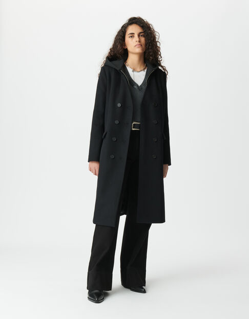 Manteau long noir parementure à capuche amovible Femme - IKKS