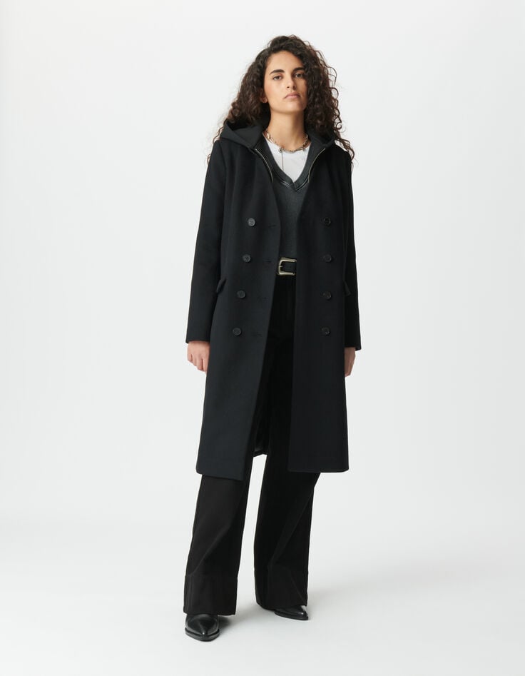 Manteau long noir parementure à capuche amovible Femme-1 Manteau long noir parementure à capuche amovible Femme-1