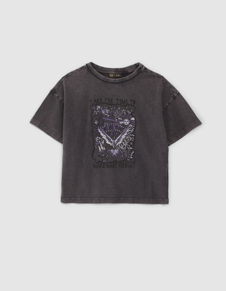 T-shirt gris visuel rock avec clous fille-1