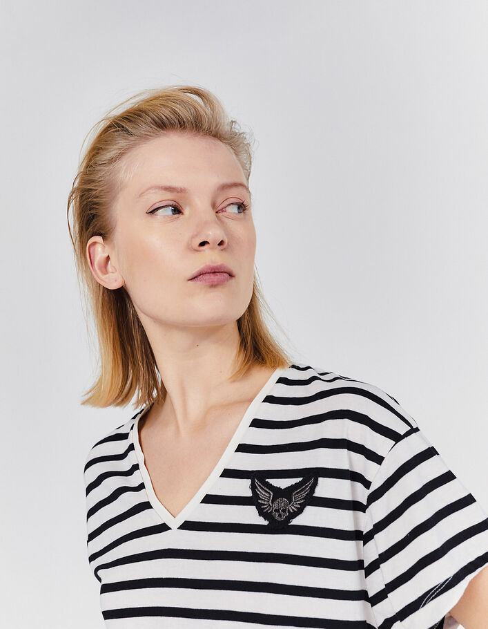 Women’s ecru sailor stripe T-shirt, black stripes & badges-7