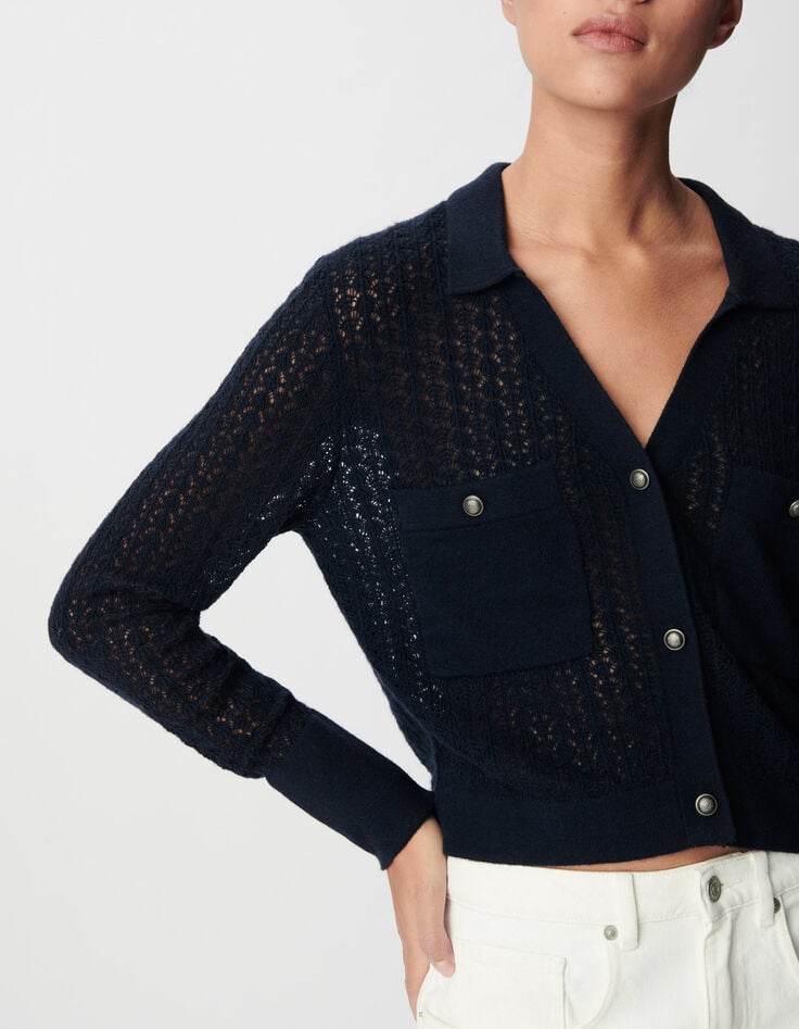 Cardigan court marine tricot fantaisie ajour&eacute; Femme-3