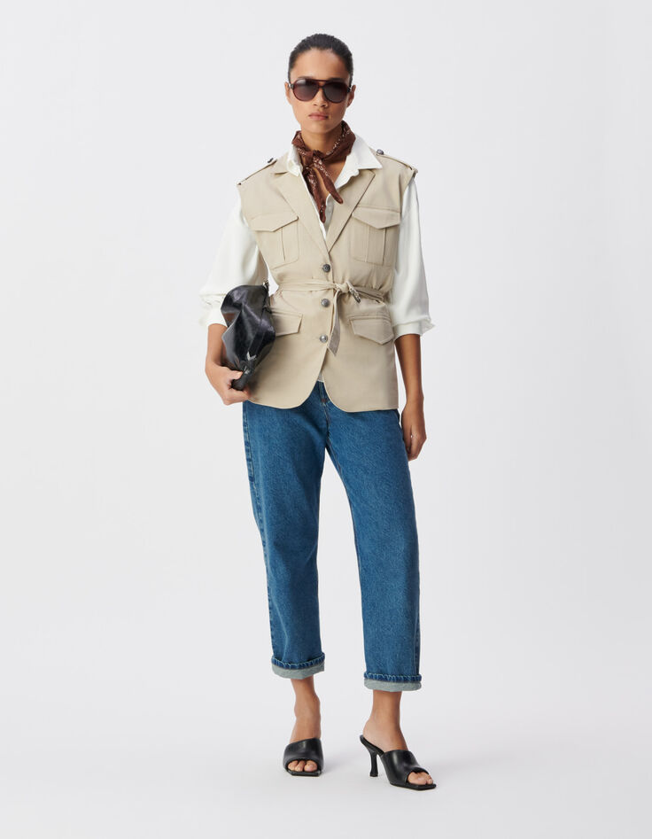 Women's beige sleeveless safari jacket-2