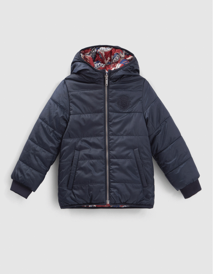 Boys navy badge print reversible padded jacket