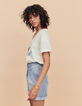 Blaue Bleached Damenjeansbermudas mit Steppnaht vorne-5