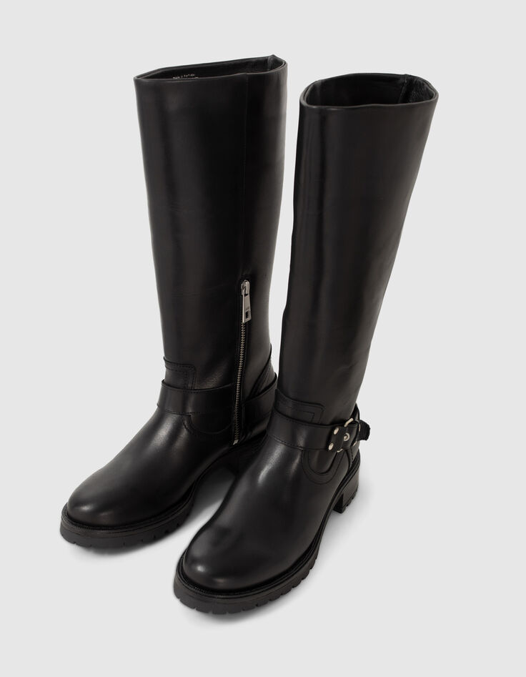 Women’s black leather biker-style boots with lugged sole-2