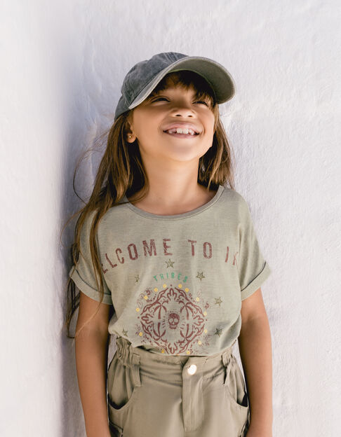 Khaki Mädchen-T-Shirt mit Glitzerschriftzug