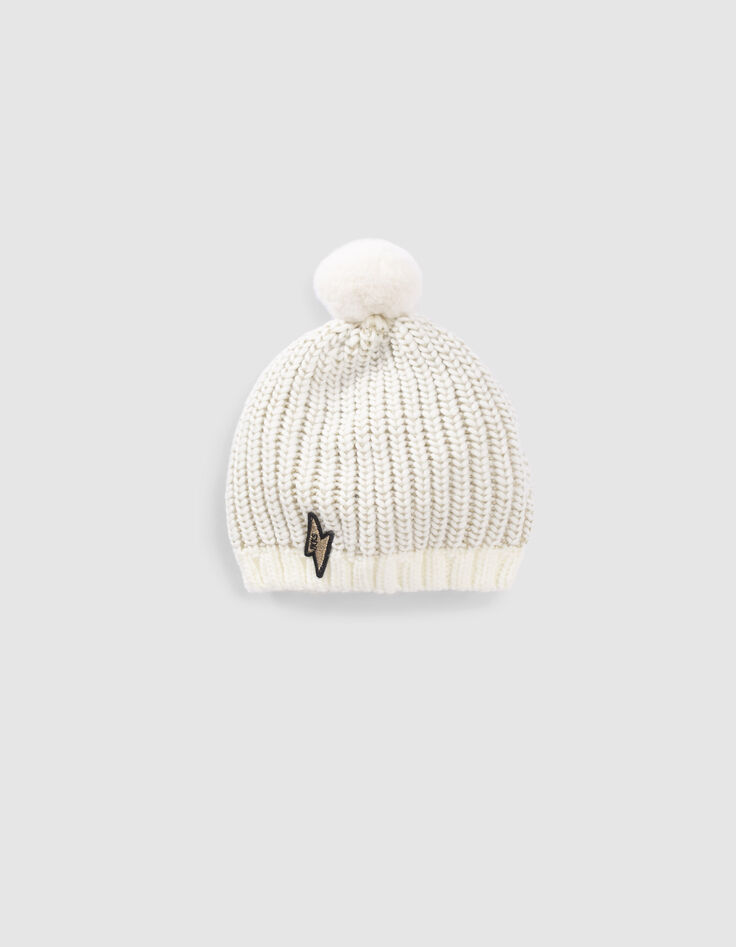 Bonnet écru tricot lurex doré badge éclair bébé fille-1