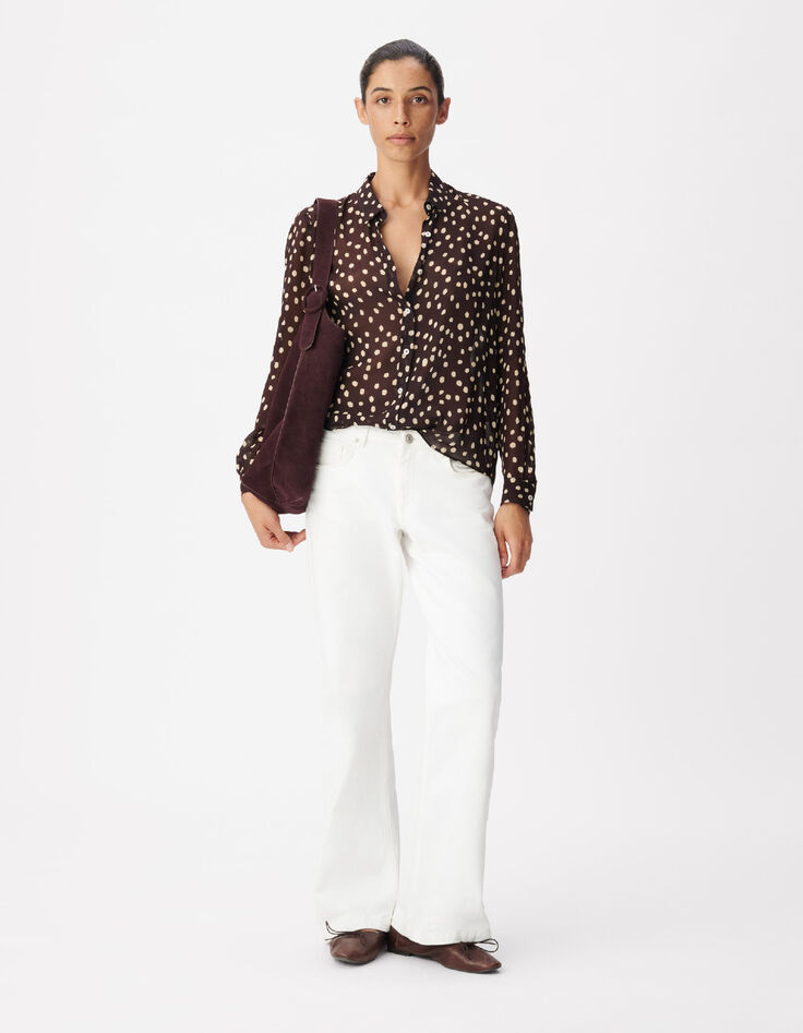 Chemise marron fluide voile imprim&eacute; pois Femme-3
