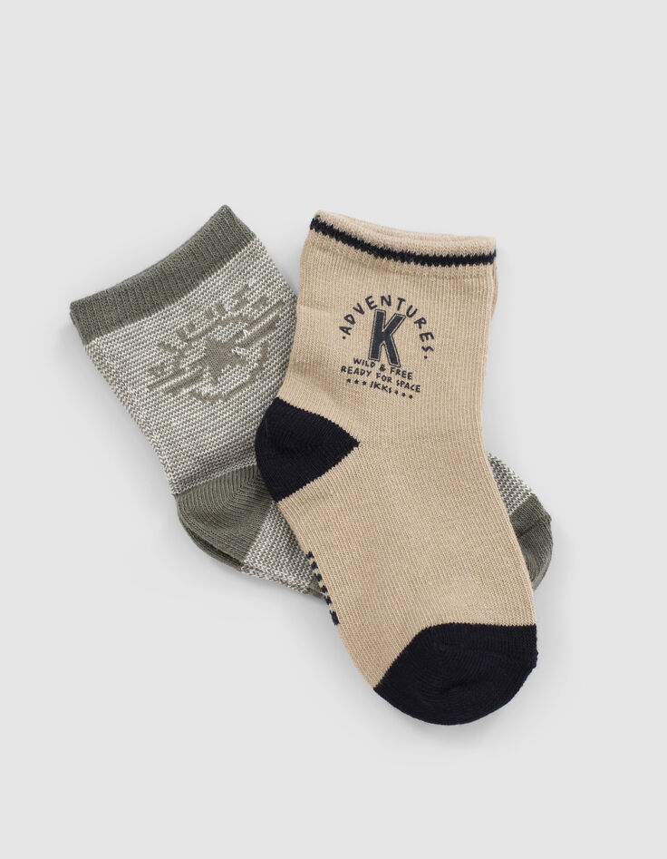 Chaussettes kaki rayées et beige bébé garçon-4