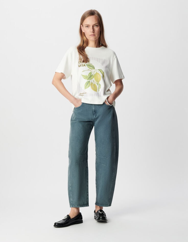 Round neck t-shirt white organic cotton visual lemons Women-1