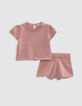 Pink openwork baby girl shorts and T-shirt set-2