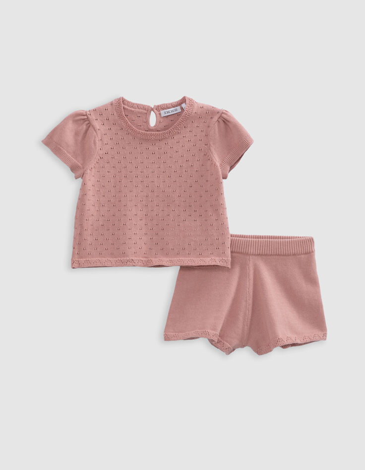 Pink openwork baby girl shorts and T-shirt set-2