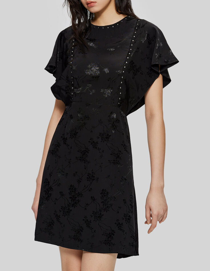 Zwarte jacquardjurk met plantenmotief en studs Dames-2