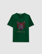 Green crew neck T-shirt with cat and lightning-6