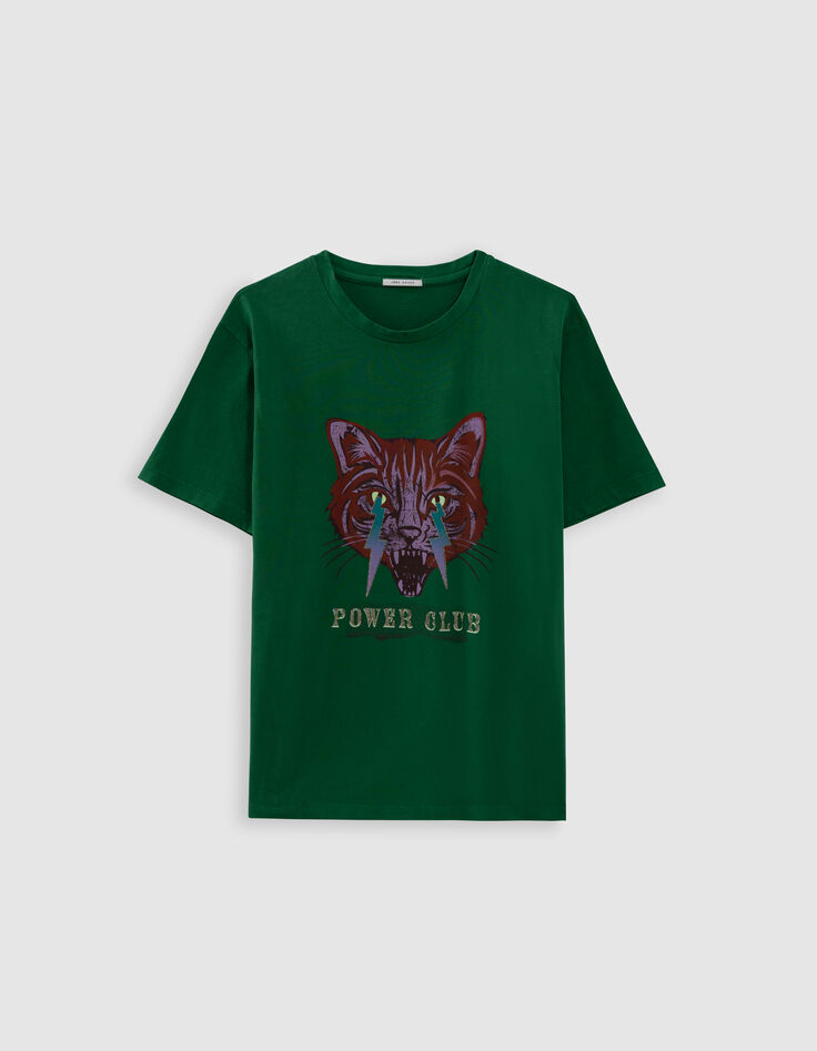 Green crew neck T-shirt with cat and lightning-6