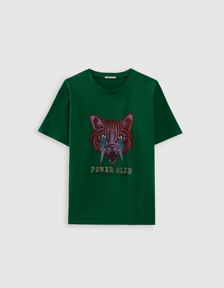 Green crew neck T-shirt with cat and lightning-6 Green crew neck T-shirt with cat and lightning-6