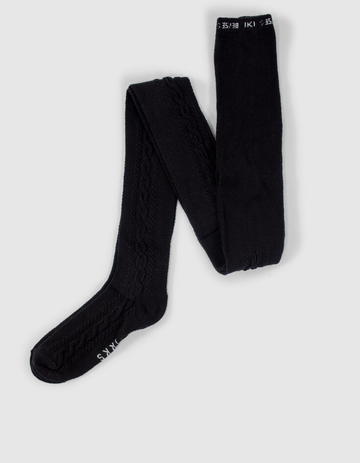 Girls’ black knit tights with cable knit down legs-1