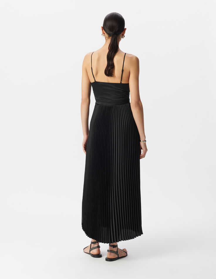 Women's pleated black maxi dress with thin straps-3