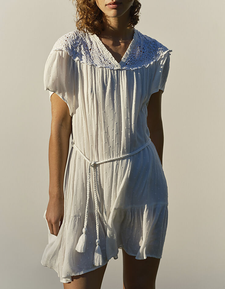Women’s white embroidered collar dotted Swiss crepe dress-7