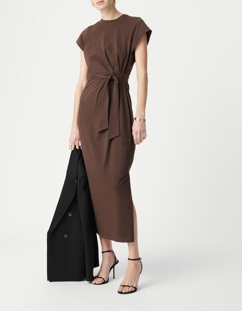 Robe midi marron &agrave; nouer c&ocirc;t&eacute; Femme - IKKS