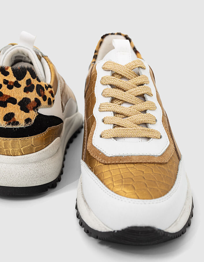 Sneakers mix leer gouden reptieleffect luipaarddetail-7