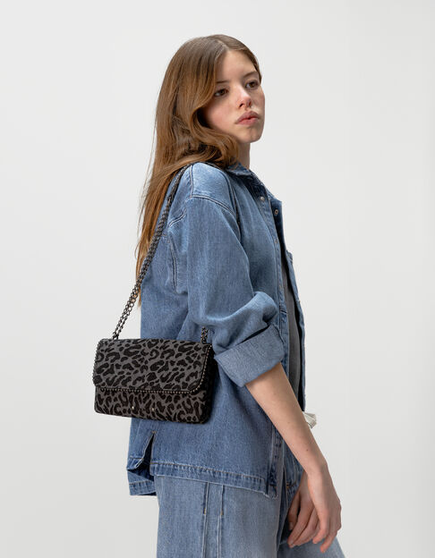 Sac à main noir imprimé léopard bordure microbilles fille - IKKS