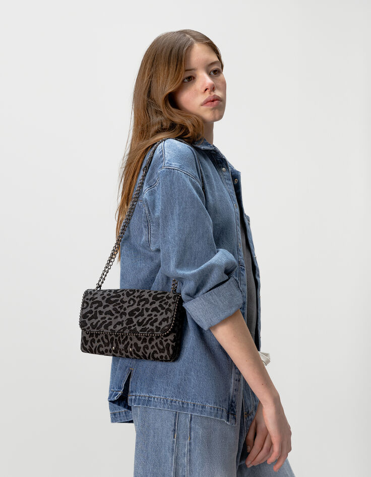 Sac à main noir imprimé léopard bordure microbilles fille-1