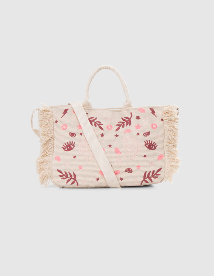 Beige handtas geweven borduursels en franjes meisjes-1