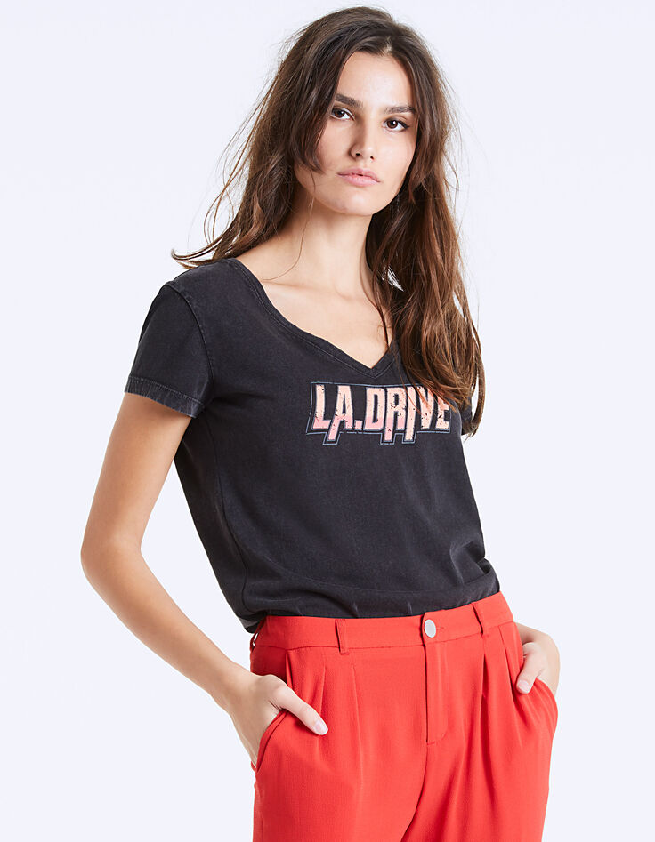 Tee-shirt col V coton noir visuel LA Drive femme-2 Tee-shirt col V coton noir visuel LA Drive femme-2
