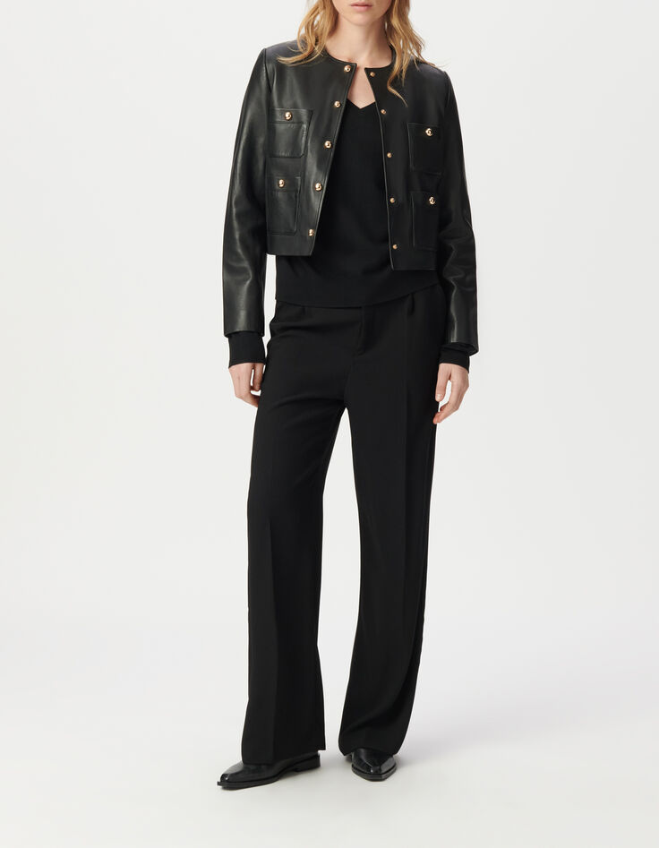 Veste courte noire en cuir quatre poches plaqu&eacute;es Femme-2